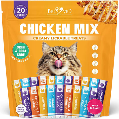 Creamy Lickable Cat Treats Wet Squeeze Tubes 20 Sticks Chicken Mix Liquid Cat Snacks Skin & Coat Care Multivitamin Treats for Cats & Small Dogs Lick Up